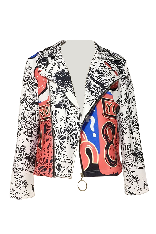  Chic Turndown Collar Long Sleeves Printed Polyester Zipped Coat