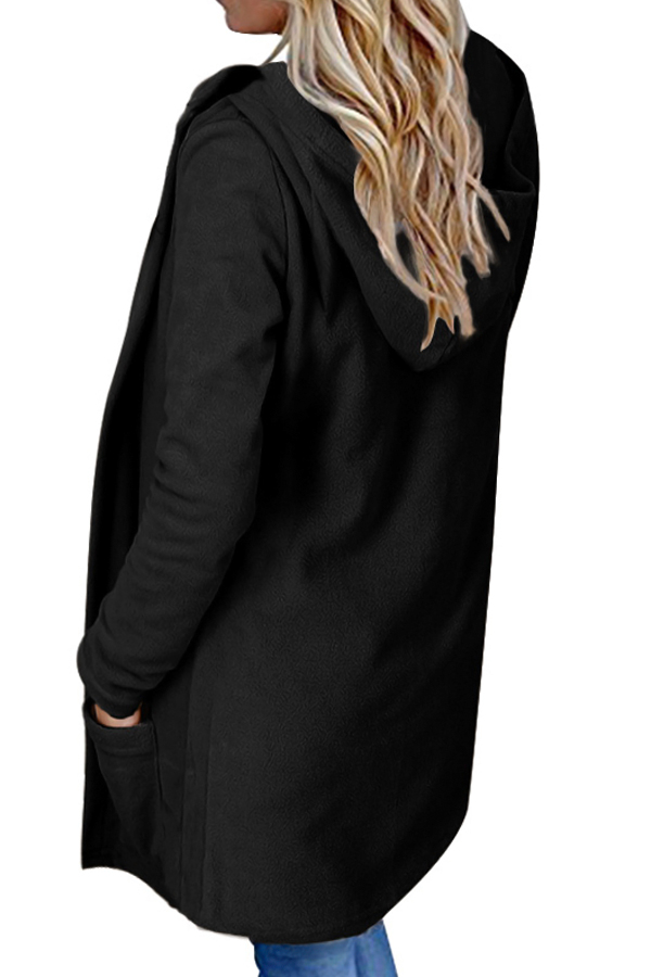  Euramerican Hooded Collar Long Sleeves Black Polyester Long Coat