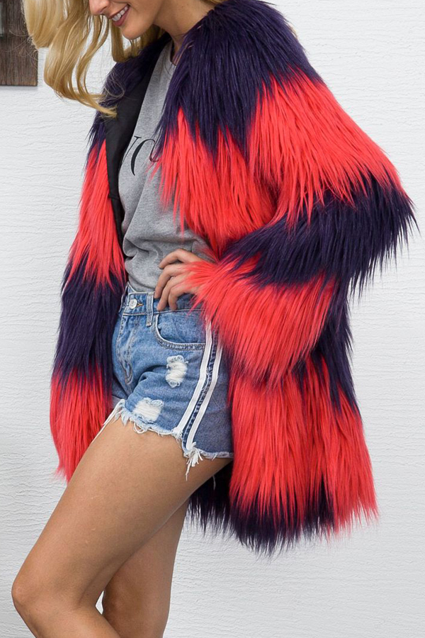  Euramerican Long Sleeves Patchwork Red Faux Fur Long Coat