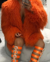  Euramerican Round Neck Long Sleeves Orange Faux Fur Coat