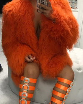  Euramerican Round Neck Long Sleeves Orange Faux Fur Coat