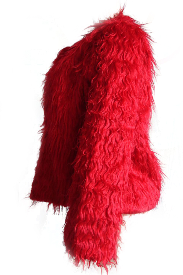  Euramerican Round Neck Long Sleeves Red Faux Fur Coat