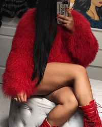  Euramerican Round Neck Long Sleeves Red Faux Fur Coat