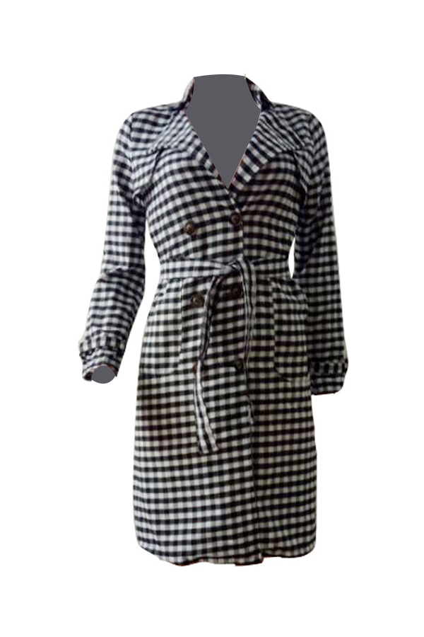  Euramerican Turndown Collar Black-white Grid Polyester Coat