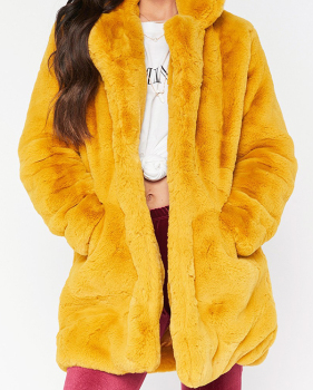  Euramerican Turndown Collar Pocket Design Yellow Faux Fur Regular Coat