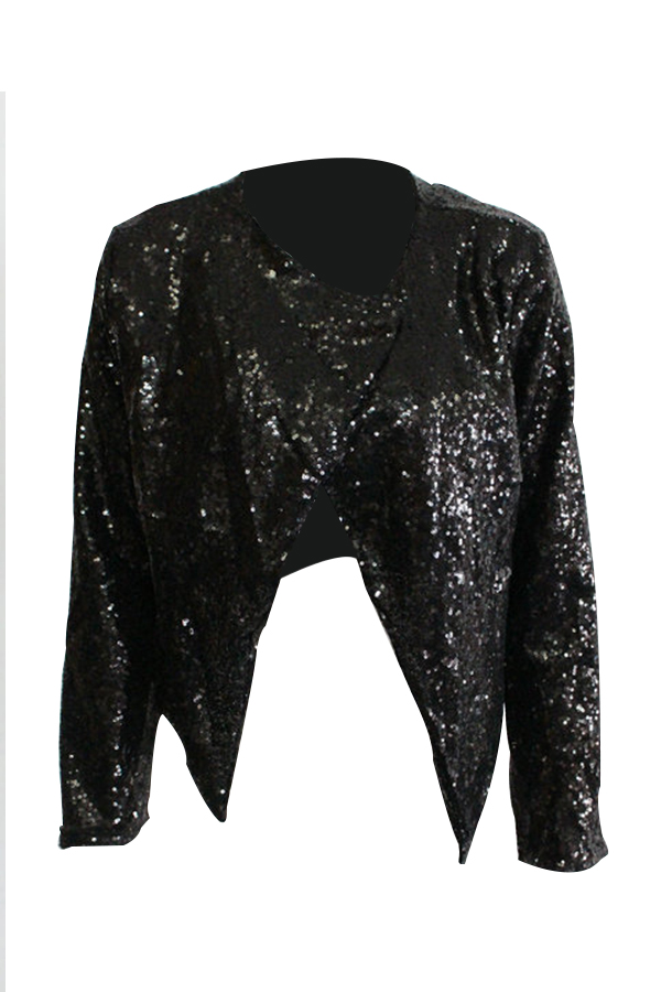  Euramerican Turndown Collar Sequins Decoration Black Polyester Coat