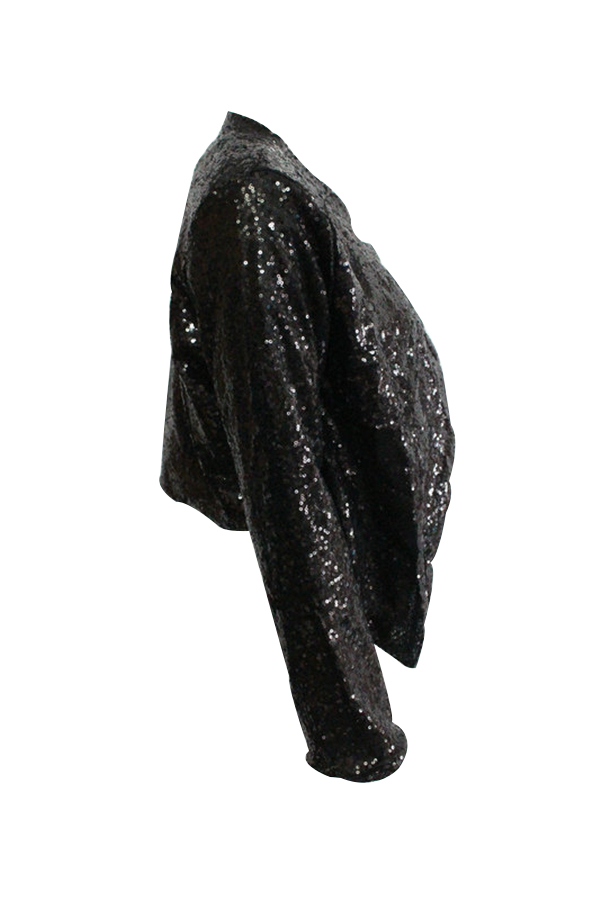  Euramerican Turndown Collar Sequins Decoration Black Polyester Coat