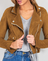  Euramerican Turndown Collar Zipper Design Brown Suede Jacket