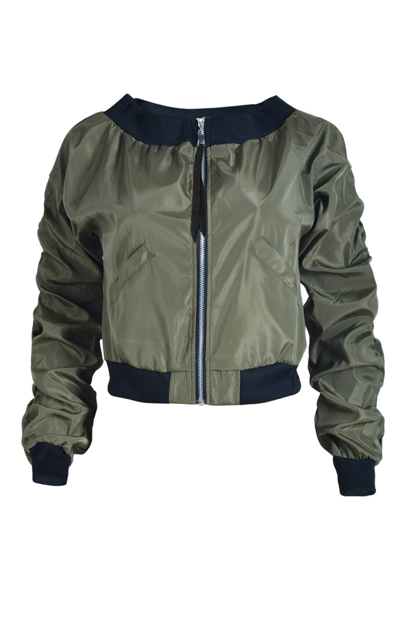  Fashion Round Neck Zipper Design Green Polyester Jacket