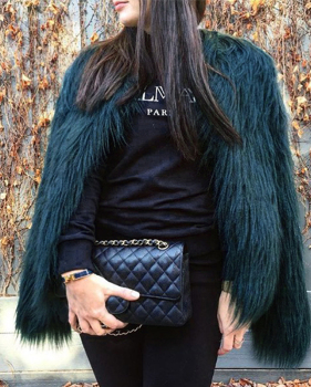  Fashionable Round Neck Long Sleeves Green Faux Fur Coat