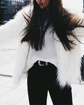  Fashionable Round Neck Long Sleeves White Faux Fur Coat