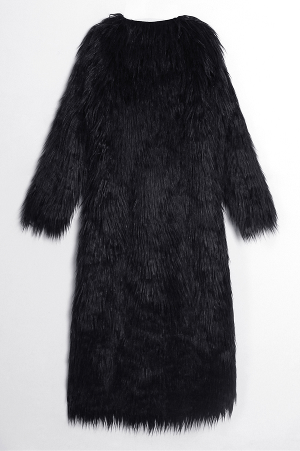  Fashionable V Neck Long Sleeves Black Faux Fur Long Coat