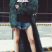  Fashionable V Neck Long Sleeves Green Faux Fur Long Coat