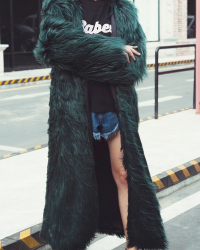  Fashionable V Neck Long Sleeves Green Faux Fur Long Coat