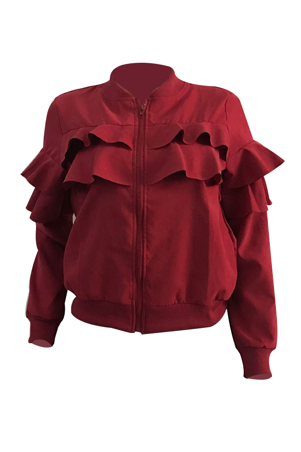  Leisure Round Neck Falbala Design Wine Red Velvet Zipped Coat