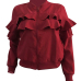  Leisure Round Neck Falbala Design Wine Red Velvet Zipped Coat