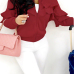  Leisure Round Neck Falbala Design Wine Red Velvet Zipped Coat