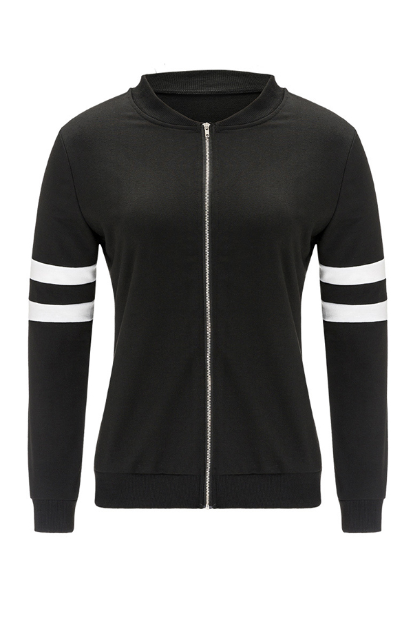  Leisure Round Neck Zipper Design Black Cotton Coat