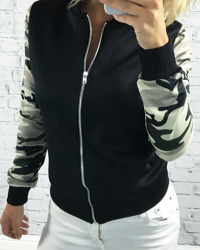  Leisure V Neck Zipper Design Black Polyester Coat