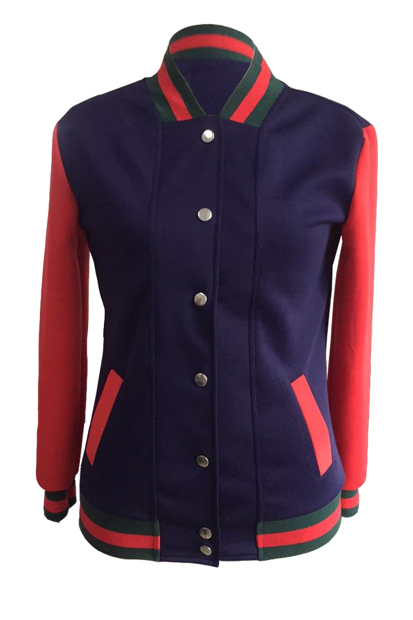  Stylish Mandarin Collar Patchwork Blue Polyester Coat