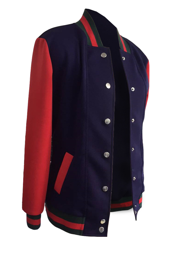  Stylish Mandarin Collar Patchwork Blue Polyester Coat