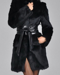  Stylish Turtleneck Long Sleeves Patchwork Black Faux Fur Coat(With Belt)