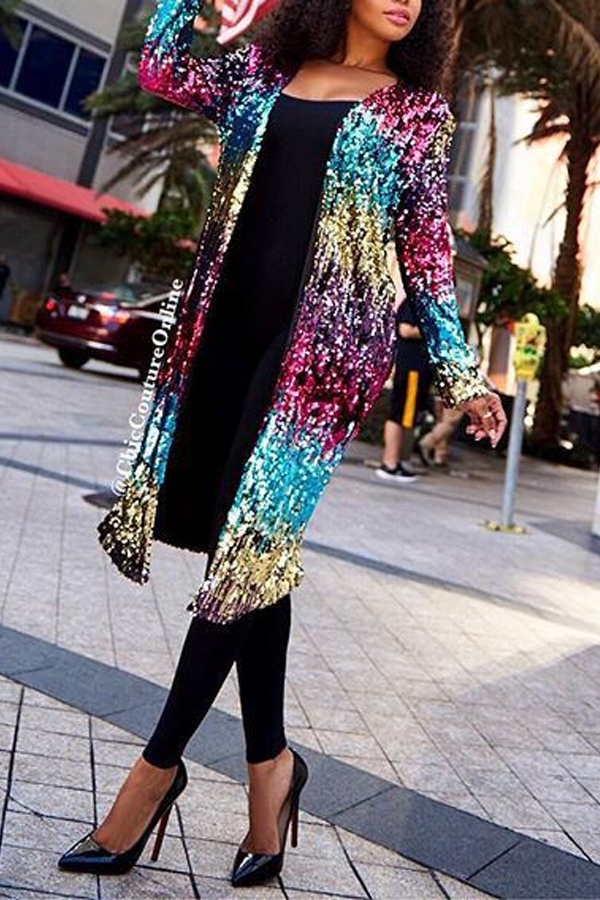  Stylish V Neck Long Sleeves Sequined Decorative Polyester Long Coat