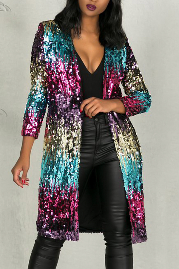  Stylish V Neck Long Sleeves Sequined Decorative Polyester Long Coat