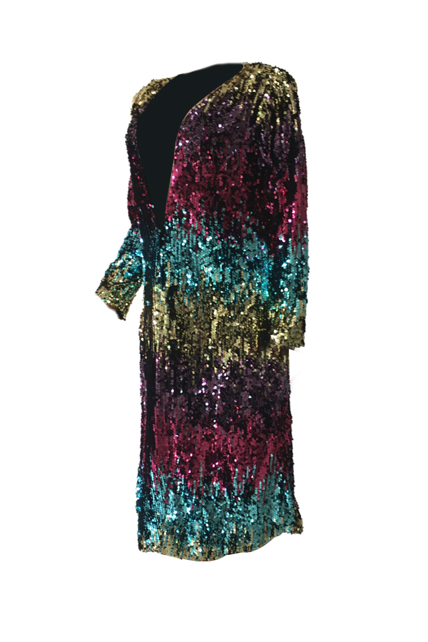  Stylish V Neck Long Sleeves Sequined Decorative Polyester Long Coat