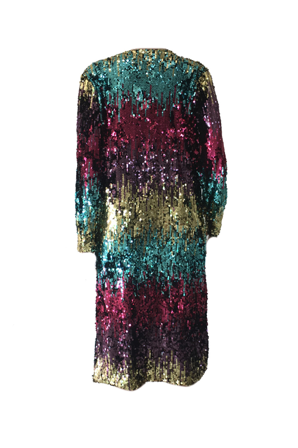  Stylish V Neck Long Sleeves Sequined Decorative Polyester Long Coat