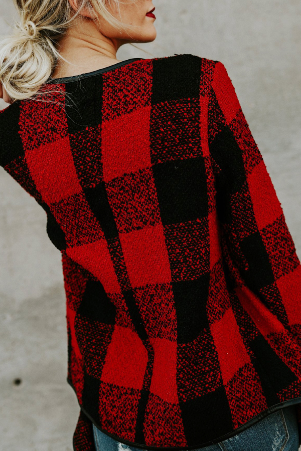  Stylish V Neck Plaids Red Polyester Coat