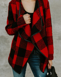  Stylish V Neck Plaids Red Polyester Coat