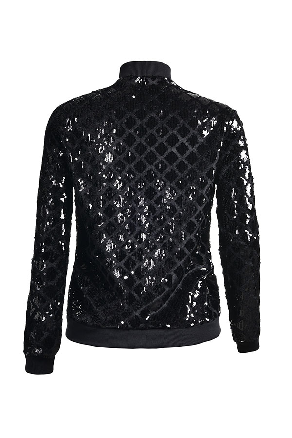  Trendy Mandarin Collar Sequins Decoration Black Polyester Zipped Jacket