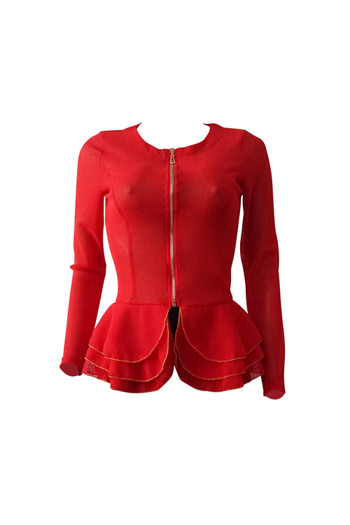  Trendy Round Neck Layered Lotus Leaf Edges See-Through Red Polyester Zipped Jacket(Without Belt)