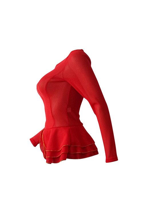  Trendy Round Neck Layered Lotus Leaf Edges See-Through Red Polyester Zipped Jacket(Without Belt)