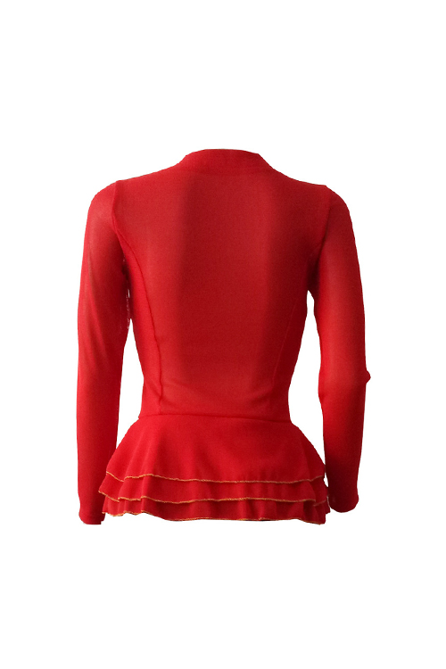  Trendy Round Neck Layered Lotus Leaf Edges See-Through Red Polyester Zipped Jacket(Without Belt)