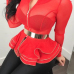  Trendy Round Neck Layered Lotus Leaf Edges See-Through Red Polyester Zipped Jacket(Without Belt)