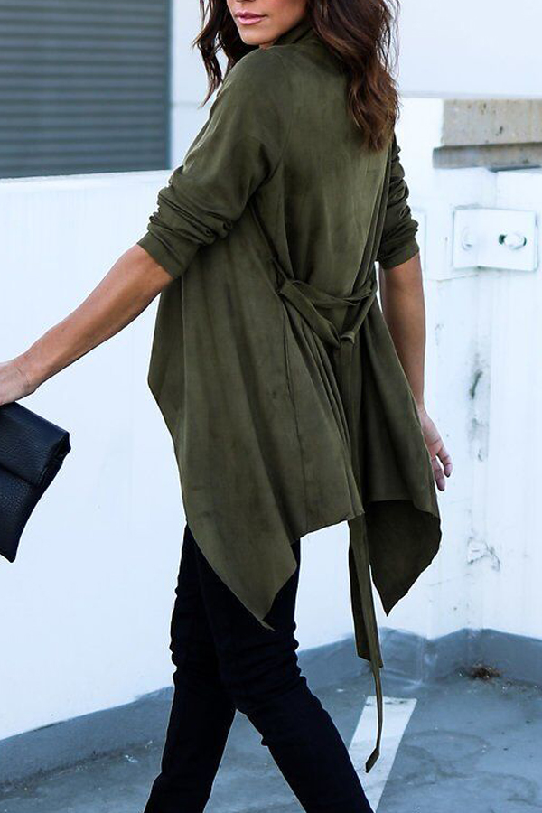  Trendy Turndown Collar Asymmetrical Army Green Blending Coat