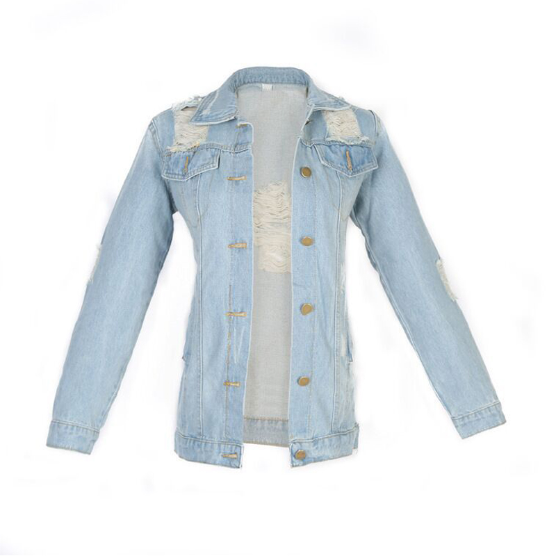  Trendy Turndown Collar Broken Holes Light Blue Denim Coat