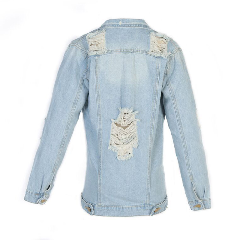  Trendy Turndown Collar Broken Holes Light Blue Denim Coat