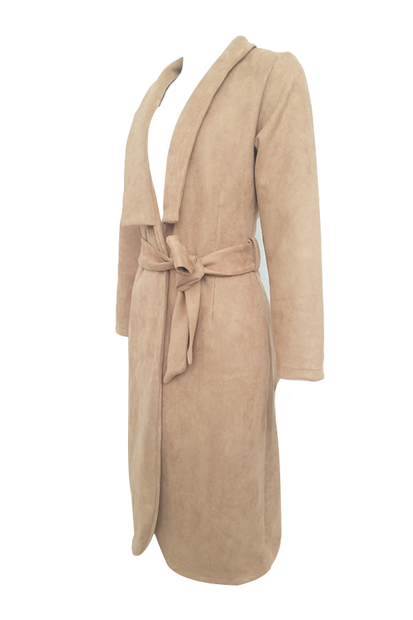  Trendy Turndown Collar Lace-up Apricot Polyester Long Coat