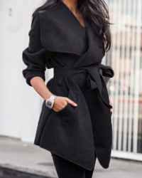  Trendy Turndown Collar Long Sleeves Lace-up Black Polyester Coat