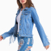  Trendy Turndown Collar Tassel Design Light Blue Denim Coat