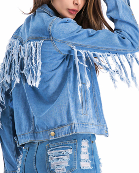  Trendy Turndown Collar Tassel Design Light Blue Denim Coat