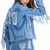  Trendy Turndown Collar Tassel Design Light Blue Denim Coat