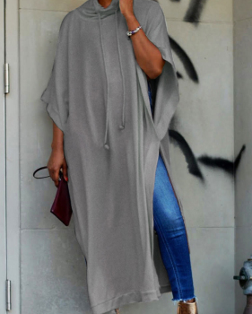  Trendy Turtleneck Half Sleeves Grey Cotton Blends Long Coat