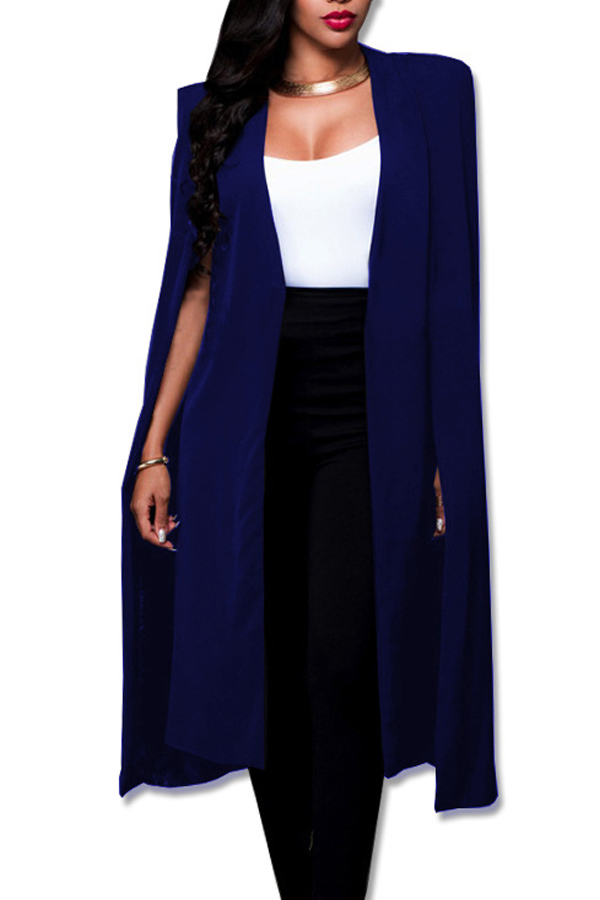  Trendy V Neck Long Sleeves Blue Polyester Long Coat