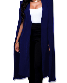  Trendy V Neck Long Sleeves Blue Polyester Long Coat