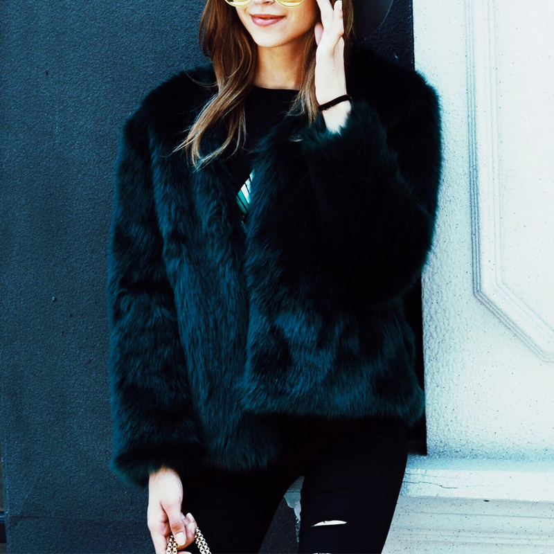  Trendy V Neck Long Sleeves Fur Design Black Short Coat