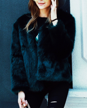  Trendy V Neck Long Sleeves Fur Design Black Short Coat